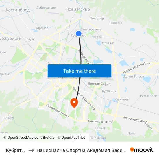 Кубратово to Национална Спортна Академия Васил Левски map