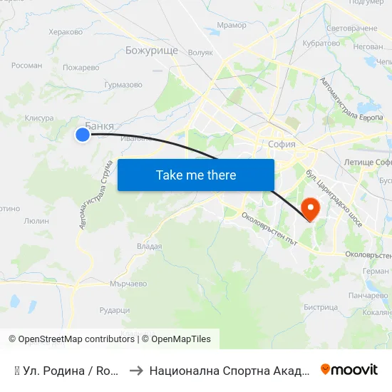 👋 Ул. Родина / Rodina St. (1433) to Национална Спортна Академия Васил Левски map