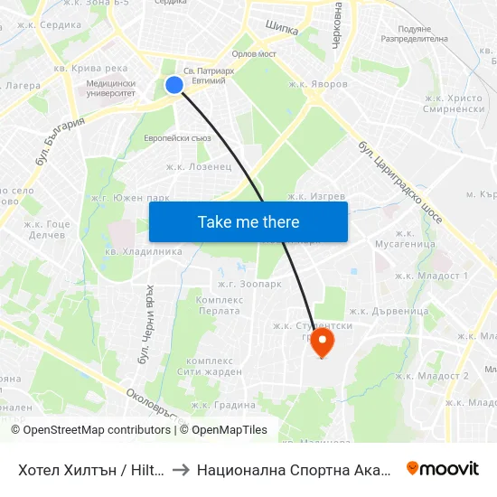Хотел Хилтън / Hilton Hotel (0396) to Национална Спортна Академия Васил Левски map