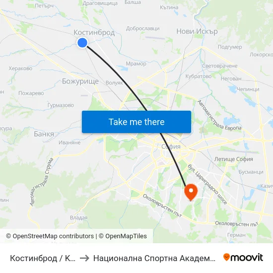 Костинброд / Kostinbrod to Национална Спортна Академия Васил Левски map