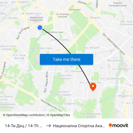 14-Ти Дкц / 14-Th Polyclinic (0010) to Национална Спортна Академия Васил Левски map
