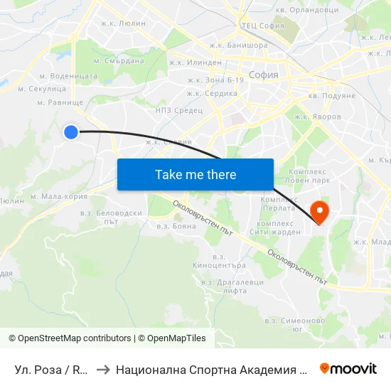 Ул. Роза / Roza St. to Национална Спортна Академия Васил Левски map