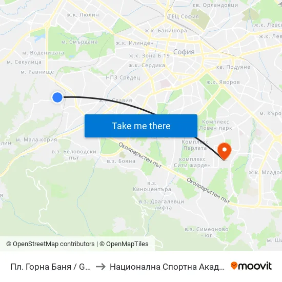 Пл. Горна Баня / Gorna Banya Sq. to Национална Спортна Академия Васил Левски map
