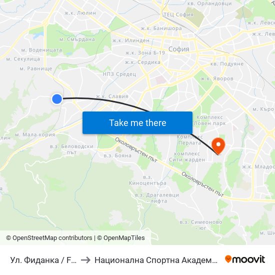 Ул. Фиданка / Fidanka St. to Национална Спортна Академия Васил Левски map