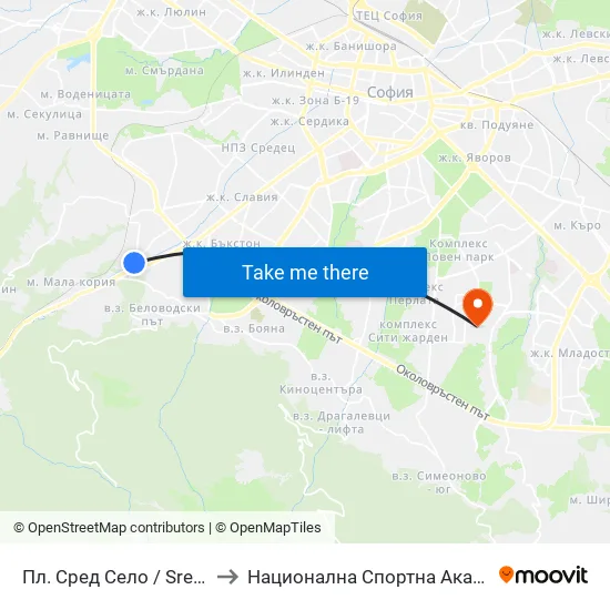 Пл. Сред Село / Sred Selo Sq. (2847) to Национална Спортна Академия Васил Левски map