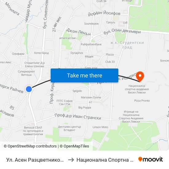 Ул. Асен Разцветников / Asen Raztsvetnikov St. to Национална Спортна Академия Васил Левски map