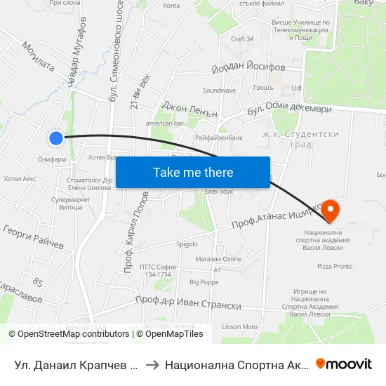 Ул. Данаил Крапчев / Danail Krapchev St. to Национална Спортна Академия Васил Левски map