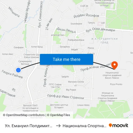 Ул. Емануил Попдимитров / Emanuil Popdimitrov St. to Национална Спортна Академия Васил Левски map