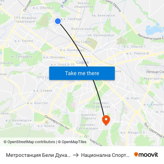 Метростанция Бели Дунав / Beli Dunav Metro Station (6708) to Национална Спортна Академия Васил Левски map