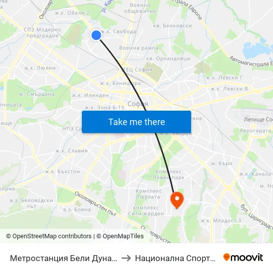 Ⓜ️ Метростанция Бели Дунав / Beli Dunav Metro Station (6707) to Национална Спортна Академия Васил Левски map