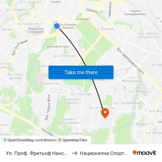 Ул. Проф. Фритьоф Нансен / Prof. Fridtjof Nansen St. (6331) to Национална Спортна Академия Васил Левски map