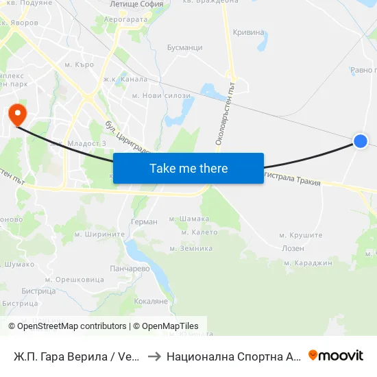 🚉 Ж.П. Гара Верила / Verila Train Station (2803) to Национална Спортна Академия Васил Левски map