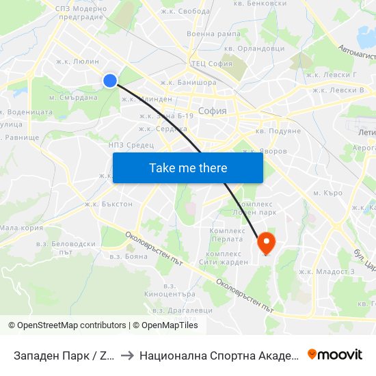 Западен Парк / Zapaden Park to Национална Спортна Академия Васил Левски map