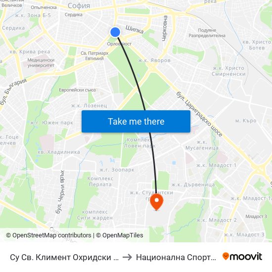 Су Св. Климент Охридски / Sofia University St. Kliment Ohridski to Национална Спортна Академия Васил Левски map