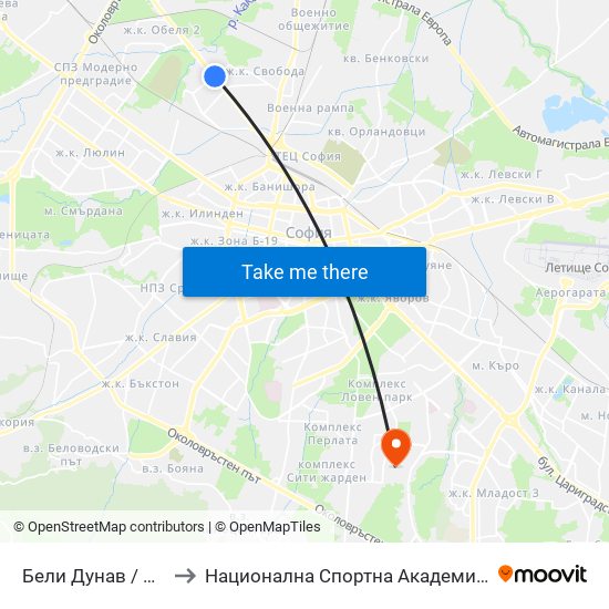 Бели Дунав / Beli Dunav to Национална Спортна Академия Васил Левски map