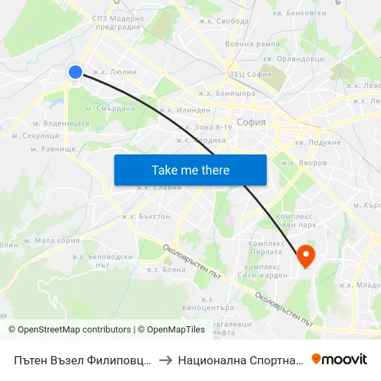 Пътен Възел Филиповци / Filipovtsi Junction (0908) to Национална Спортна Академия Васил Левски map