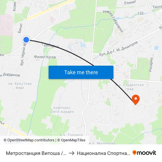 Метростанция Витоша / Vitosha Metro Station (0910) to Национална Спортна Академия Васил Левски map