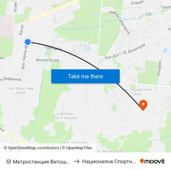 Ⓜ️ Метростанция Витоша / Vitosha Metro Station (0910) to Национална Спортна Академия Васил Левски map