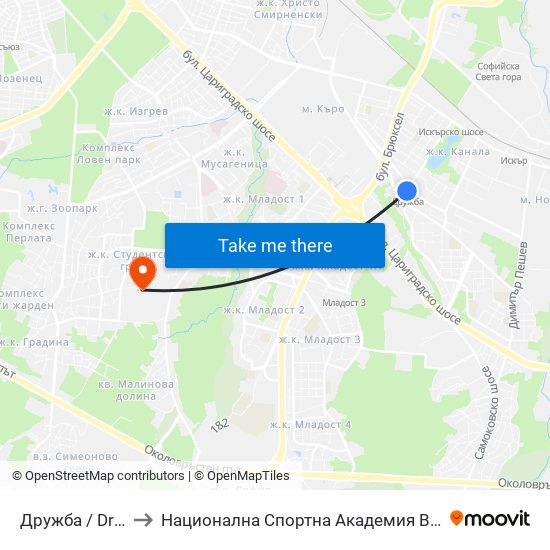 Дружба / Druzhba to Национална Спортна Академия Васил Левски map