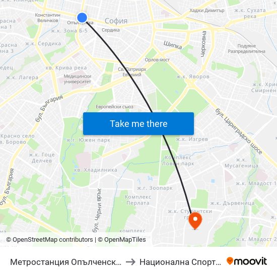 Метростанция Опълченска / Opalchenska Metro Station (6408) to Национална Спортна Академия Васил Левски map