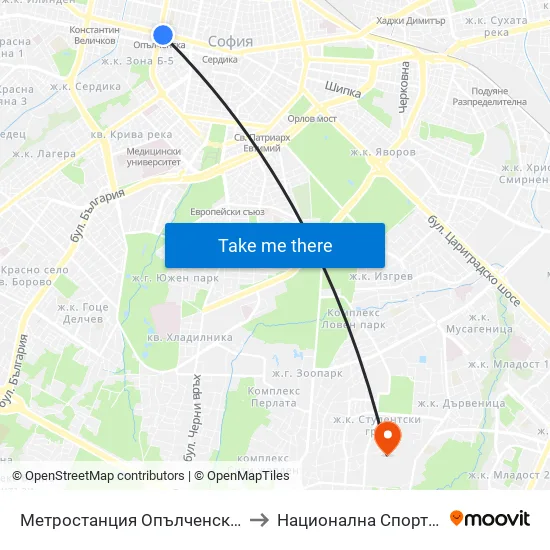 Ⓜ️ Метростанция Опълченска / Opalchenska Metro Station (6408) to Национална Спортна Академия Васил Левски map