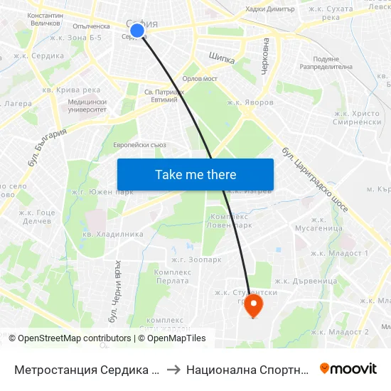 Ⓜ️ Метростанция Сердика / Serdika Metro Station (6454) to Национална Спортна Академия Васил Левски map