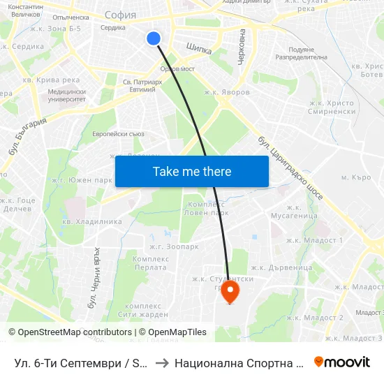 Ул. 6-Ти Септември / Shesti Septemvri St. (6456) to Национална Спортна Академия Васил Левски map