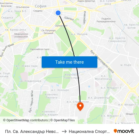 Пл. Св. Александър Невски / St. Alexander Nevsky Qr. (6439) to Национална Спортна Академия Васил Левски map