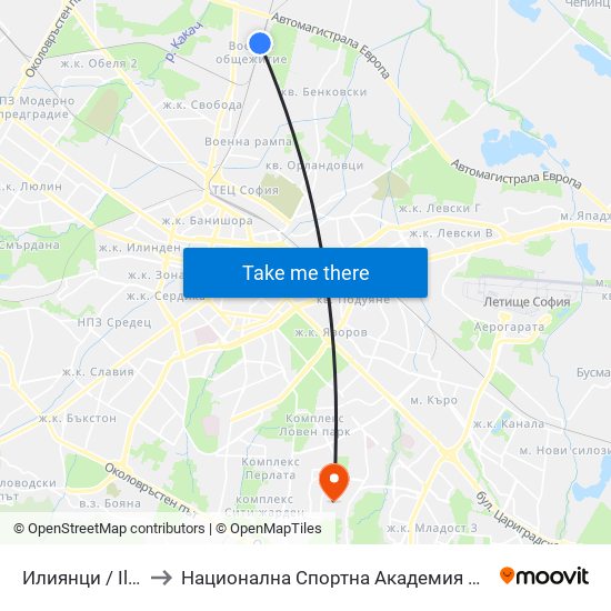 Илиянци / Iliyantsi to Национална Спортна Академия Васил Левски map