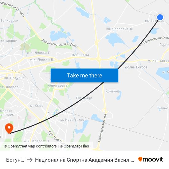 Ботунец to Национална Спортна Академия Васил Левски map