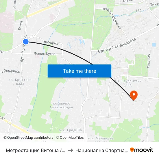 Ⓜ️ Метростанция Витоша / Vitosha Metro Station (0912) to Национална Спортна Академия Васил Левски map