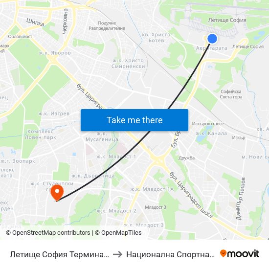 Летище София Терминал 1 / Sofia Airport Terminal 1 to Национална Спортна Академия Васил Левски map