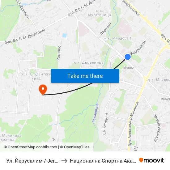 Ул. Йерусалим / Jerusalem St. (0447) to Национална Спортна Академия Васил Левски map