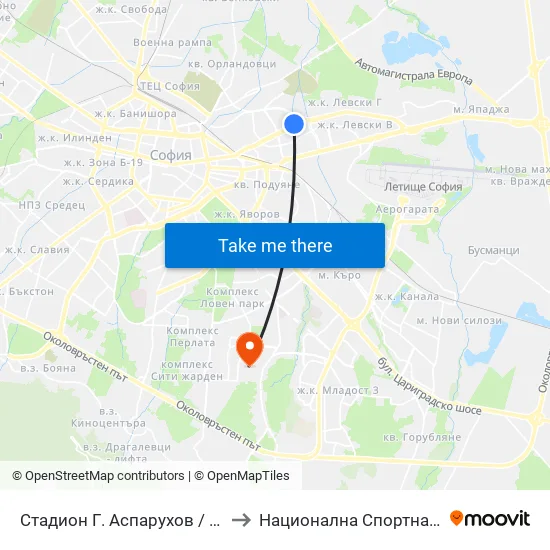 Стадион Г. Аспарухов / G. Asparuhov Stadium (1615) to Национална Спортна Академия Васил Левски map
