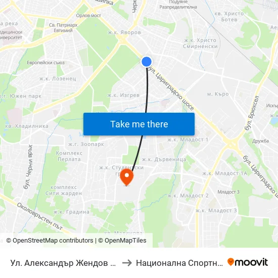Ул. Александър Жендов / Aleksandar Zhendov Blvd. (1819) to Национална Спортна Академия Васил Левски map