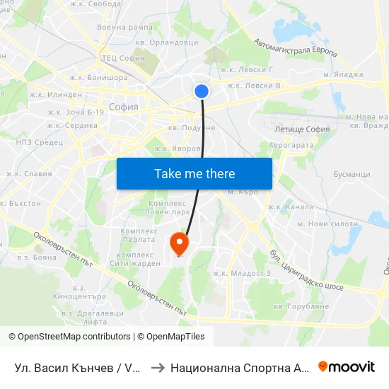 Ул. Васил Кънчев / Vasil Kanchev St. (1863) to Национална Спортна Академия Васил Левски map