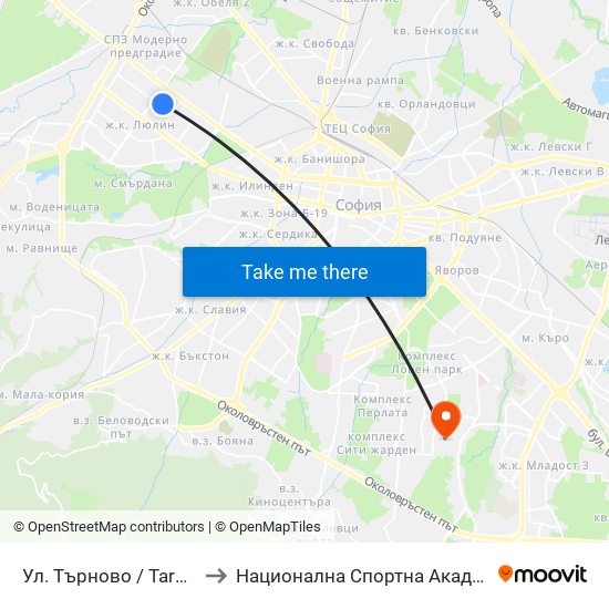 Ул. Търново / Tarnovo St. (2221) to Национална Спортна Академия Васил Левски map