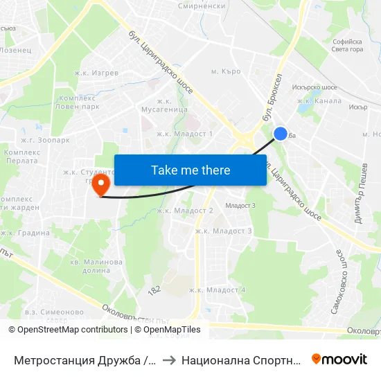 Ⓜ️ Метростанция Дружба / Druzhba Metro Station (2739) to Национална Спортна Академия Васил Левски map
