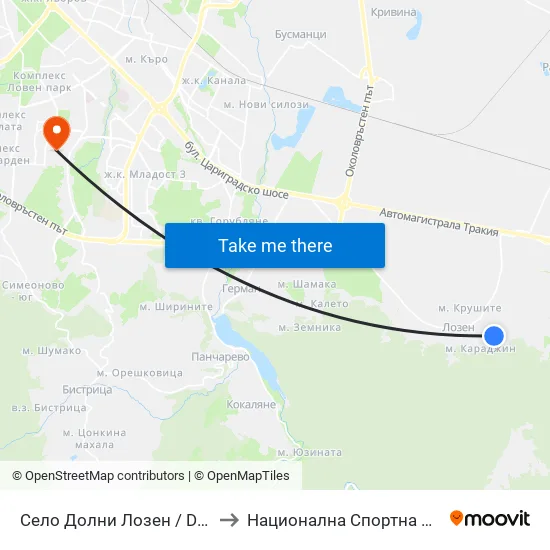 Село Долни Лозен / Dolni Lozen Village (2800) to Национална Спортна Академия Васил Левски map