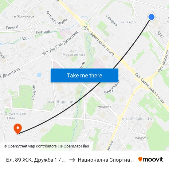 Бл. 89 Ж.К. Дружба 1 / Bl. 89, Druzhba 1 Qr. (0255) to Национална Спортна Академия Васил Левски map