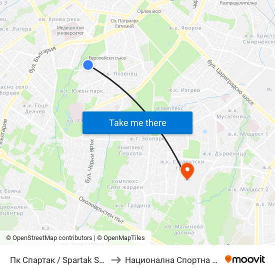 Пк Спартак / Spartak Swimming Complex (1344) to Национална Спортна Академия Васил Левски map