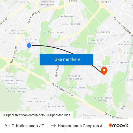 Ул. Т. Каблешков / T. Kableshkov St. (0490) to Национална Спортна Академия Васил Левски map