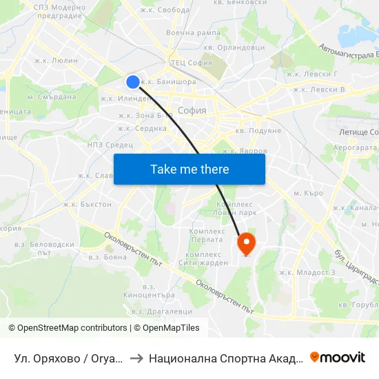 Ул. Оряхово / Oryahovo St. (2097) to Национална Спортна Академия Васил Левски map