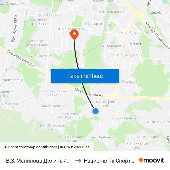 👋 В.З. Малинова Долина / Malinova Dolina Village Zone (2823) to Национална Спортна Академия Васил Левски map