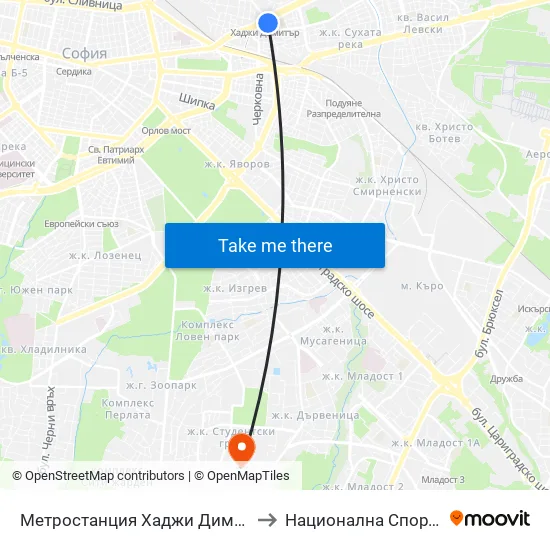 Ⓜ️ Метростанция Хаджи Димитър / Hadzhi Dimitar Metro Station (2821) to Национална Спортна Академия Васил Левски map