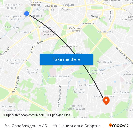Ул. Освобождение / Osvobozhdenie St. (2099) to Национална Спортна Академия Васил Левски map