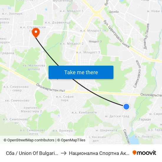 👋 Сба / Union Of Bulgarian Motorists (1504) to Национална Спортна Академия Васил Левски map