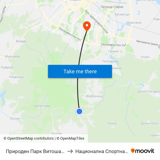 Природен Парк Витоша / Vitosha Nature Park (6619) to Национална Спортна Академия Васил Левски map