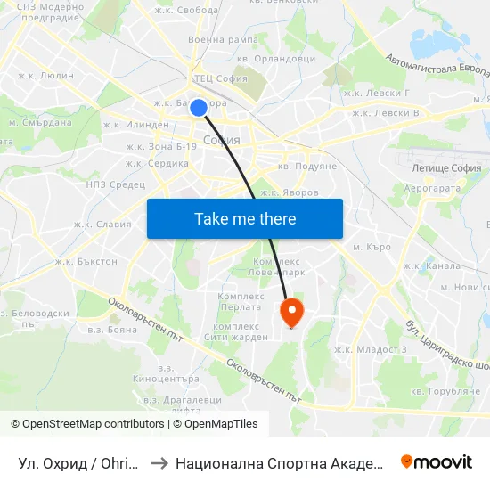 Ул. Охрид / Ohrid St. (2105) to Национална Спортна Академия Васил Левски map