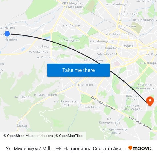 Ул. Милениум / Millenium St. (2842) to Национална Спортна Академия Васил Левски map